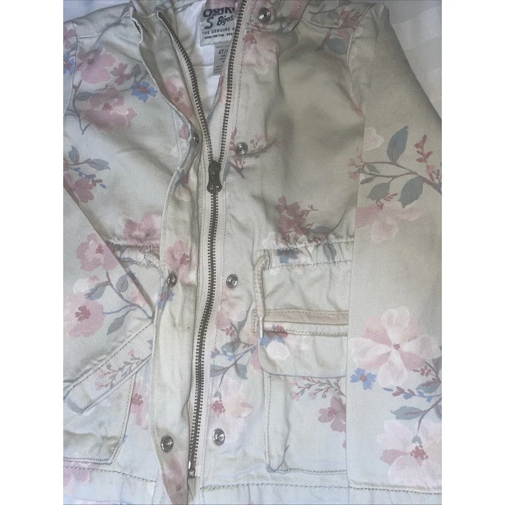 Girl 4T Oshkosh B'gosh Denim Jacket Beige Pink Blue Floral drawstring Waist